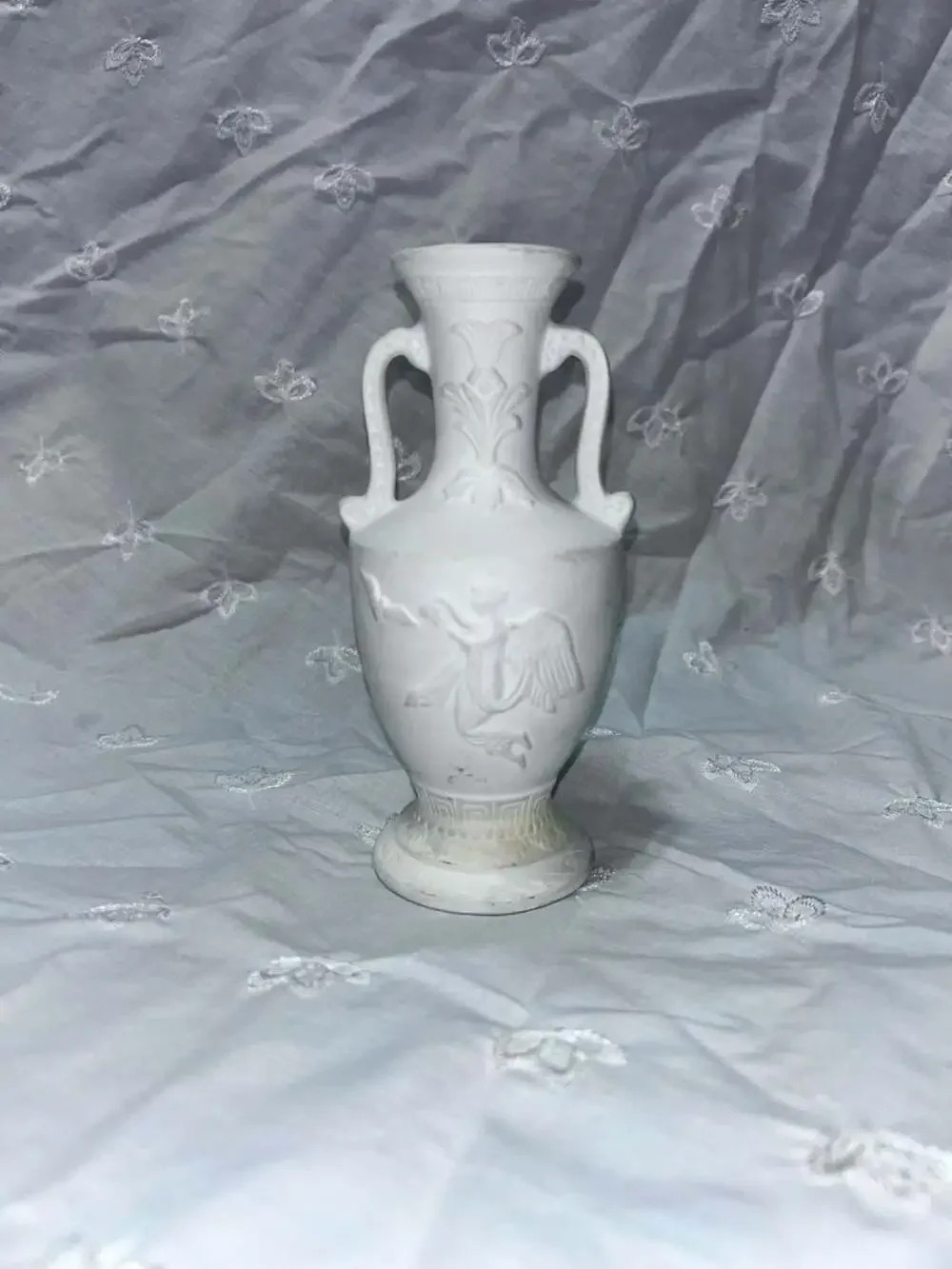 Vintage Neoclassical Bisque Porcelain Greek Amphora Bud Vase w Embossed Relief